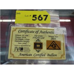 Certified 24kt Gold 1 grain bar