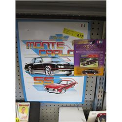 Tin Chevy Monte Carlo sign with die cast car