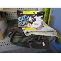 Paint on canvas, car remote starter, camo jacket