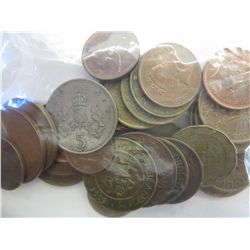 Bag filled with various vintage copper coins