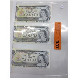 3 x uncirculated old Canadian $1 bills