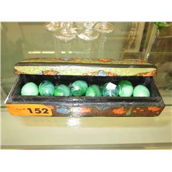 8 Malachite glass eggs in hand painted box
