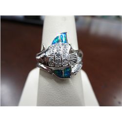 Unique fire opal & white topaz angel fish ring
