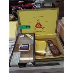 Montecristo cigar box, cigar cutter, labels, etc.