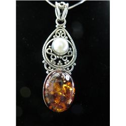 Baltic amber & pearl pendant & necklace set