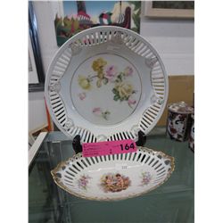 2 German hand painted basket edge dishes