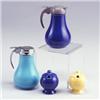 Image 1 : 4 FIESTA pieces: two syrup pitchers with Drip-Cut pourers, one of grey plastic on cobalt base wit...