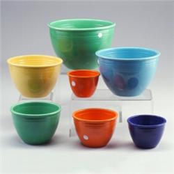 Rare set of 7 FIESTA mixing bowls (stacking) in assorted colors; 3 1/2  dia. red, 3 3/4  cobalt (...