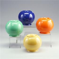 4 large FIESTA Kitchen Kraft covered jars in yellow, turquoise, (fleck to rim), cobalt, and red (...