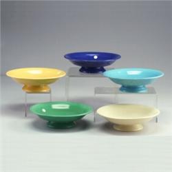 5 FIESTA 12 1/2" footed bowls in ivory, turquoise, light blue (some scratches), and cobalt (some...