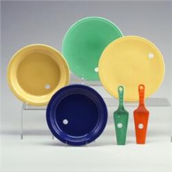 2 FIESTA pieces: two pie servers in red and green (some chips), two pie plates: 10" yellow (chips...