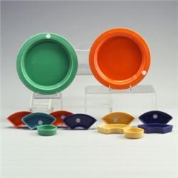 2 FIESTA 11" 6-piece condiment trays: one turquoise and one red with turquoise or yellow circular...