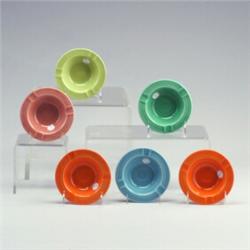 6 FIESTA 5 1/4" ashtrays in turquoise, rose, light blue, chartreuse, and two red. A couple of min...