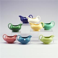 8 FIESTA gravy boats in light blue, chartreuse (small chip to base), turquoise, forest green (sma...