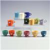 Image 1 : 14 FIESTA cups: 8 mugs, 6 custards in assorted colors. Small nicks to blue and yellow custards, c...