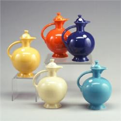 5 FIESTA carafes in yellow (minor nick to lid), light blue, red (minute fleck to lid), ivory, and...