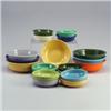Image 1 : 19 FIESTA bowls: six 8 1/2" vegetable bowls with lip (flecks to cobalt and red), one yellow 7 3/4...