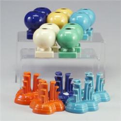 15 FIESTA candleholders: 5 pairs spherical on square foot (kiln-kiss to cobalt), and 2 tripod pai...