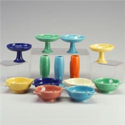 13 FIESTA pieces: three 6 1/2" bud vases in red, light blue, turquoise, four 5" dia. compotes (ha...