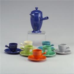 7 FIESTA demitasses + coffee pot, the cups and saucers in cobalt, light blue, ivory, grey, red, t...