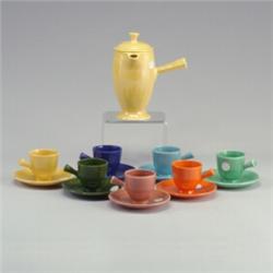 7 FIESTA demitasses + coffee pot, the cups and saucers in cobalt, light blue, red (hairline to cu...