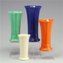 4 FIESTA flaring fluted vases: 12" cobalt, 10" red (couple minute flecks) and turquoise, 8" ivory...