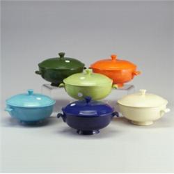 6 FIESTA lidded casseroles in red, cobalt, light blue, chartreuse, forest green, ivory. Small nic...