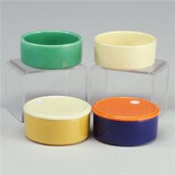 2 FIESTA Kitchen Kraft lids + four refrigerator bowls, the lids red and ivory, the bowls ivory, c...