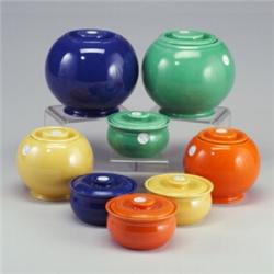 8 FIESTA Kitchen Kraft lidded jars: two 5 1/2" spherical in cobalt (restoration to lid and chip t...