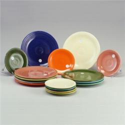 17 FIESTA plates; nine 9" in red (flecks to center), grey, chartreuse, rose, forest green, light...