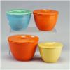 Image 1 : 4 FIESTA mixing bowls with lids: 7 3/4" red (crack, line, and fleck to bowl), 6 3/4" light blue w...