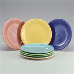 7 FIESTA 12" plates in rose, chartreuse, turquoise (a few minor flecks), ivory, light blue (minut...
