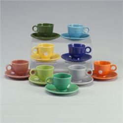9 FIESTA cups and saucers in yellow, forest green, red, light blue, rose, chartreuse, cobalt, gre...