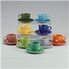 Image 1 : 9 FIESTA cups and saucers in yellow, forest green, red, light blue, rose, chartreuse, cobalt, gre...