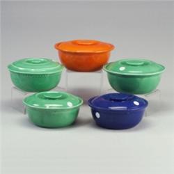 5 FIESTA Kitchen Kraft covered casserole dishes in cobalt (abrasion and minor nicks), red (nicks)...