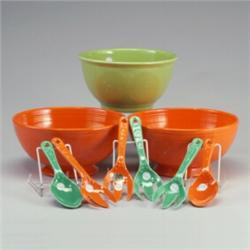3 FIESTA Kitchen Kraft salad sets: 2 red 11" bowls (a few minute nicks to one), one 10" chartreus...