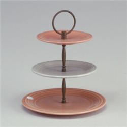 FIESTA 3-tier cookie tray with 6" and 9 1/2" rose plates, and 7 1/2" plate joined by a brass supp...