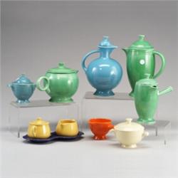 17 FIESTA tea set pieces: a turquoise teapot and lid, a turquoise coffee pot and lid (glaze miss...