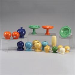 19 assorted FIESTA pieces including some Kitchen Kraft: 2 pairs of spherical candle holders in li...