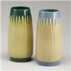 Image 1 : Two ROSEVILLE Lotus vases (L3-10"), one in blue and ivory, the other in green and yellow. Raised...