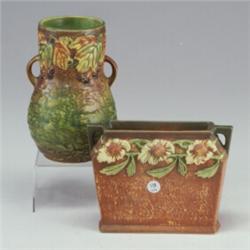 Two ROSEVILLE pieces: a Blackberry bulbous vase with strong mold (hairlines), and a Dahlrose pill...