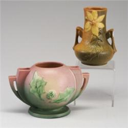 Two ROSEVILLE pieces: a pink Thornapple spherical jardiniere (305-6") (small chip to handle); and...