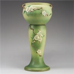 ROSEVILLE green Apple Blossom jardiniere (303-10") and pedestal (306-10"). Jardiniere has several...