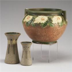 Three ROSEVILLE pieces; a large Dahlrose jardiniere (several bruises overall, entire base repaire...