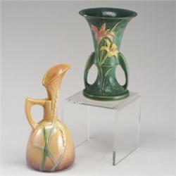 Two Roseville Pieces A Green Zephyr Lily Vase 132 7 Chip To