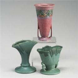 Three ROSEVILLE pieces: two green Carnelian I vases (6 1/4" and 5 1/4") (smaller has restored chi...