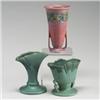 Image 1 : Three ROSEVILLE pieces: two green Carnelian I vases (6 1/4" and 5 1/4") (smaller has restored chi...