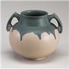 Image 1 : ROSEVILLE Carnelian I spherical vase covered in a dripping green glaze over a pale pink ground. R...