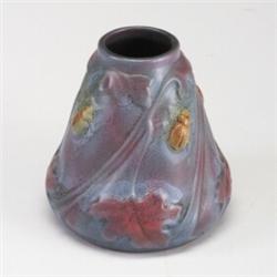 Fine and rare WELLER Fru Russet tapering vase embossed with brown scarabs and red acanthus leaves...