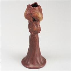 Fine and rare WELLER Fru Russet candle holder with irises in red and yellow. Small reglued chip t...